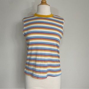 NLT Retro Rainbow Stripe High Neck Sleeveless Ribbed Stretch Top Size Small